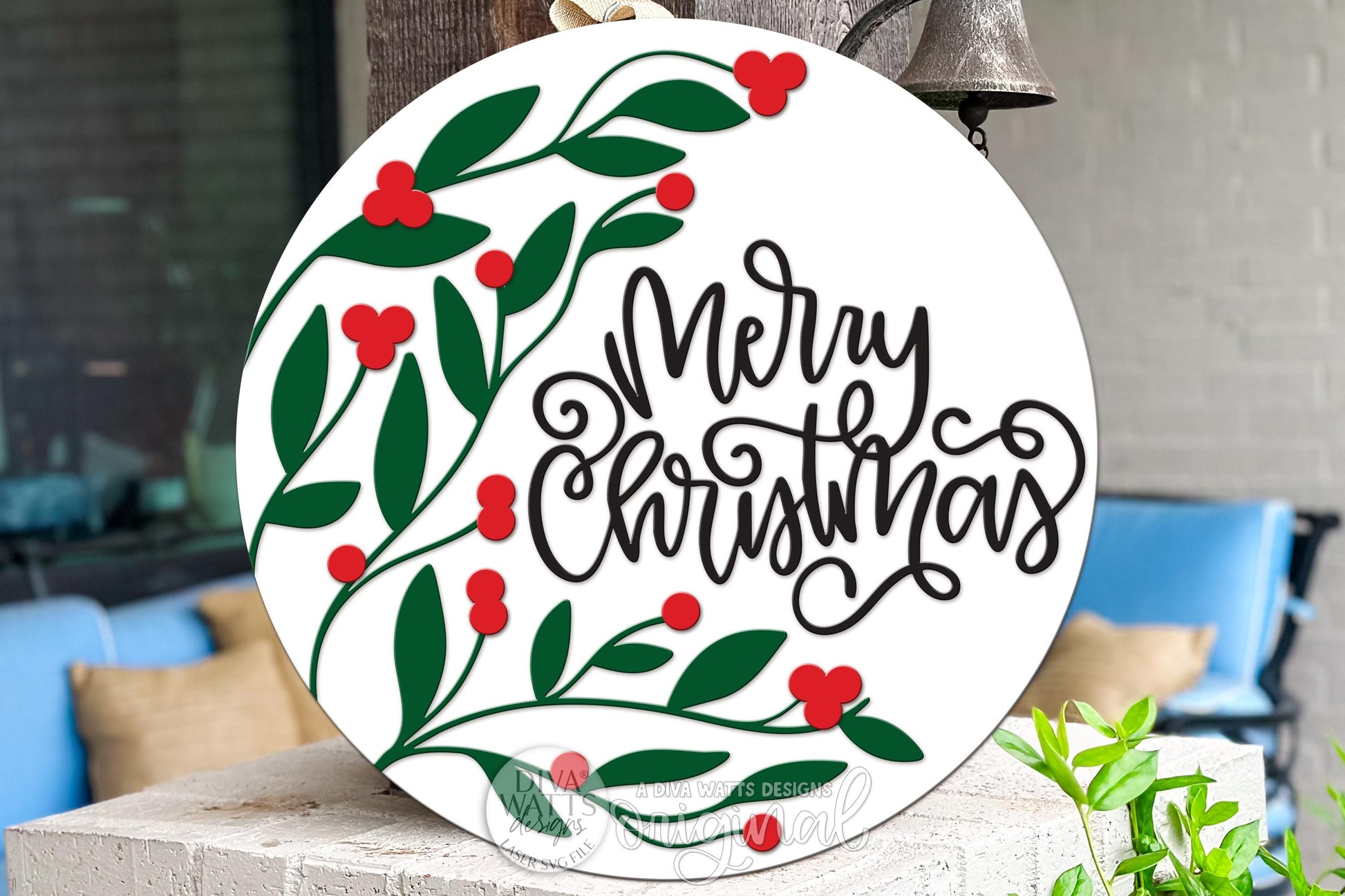 Merry Christmas Round Door Hanger SVG with Holly Leaves & Berries • Layered Laser Cut File for Glowforge xTool Porch Decor Holiday DIY Sign