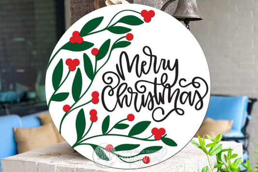 Merry Christmas Round Door Hanger SVG with Holly Leaves & Berries • Layered Laser Cut File for Glowforge xTool Porch Decor Holiday DIY Sign