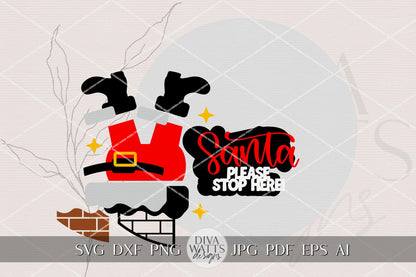 Santa Please Stop Here SVG | Funny Christmas Door Hanger SVG for Laser Cutting | Santa Legs Chimney Sign | Holiday Porch Decor Glowforge