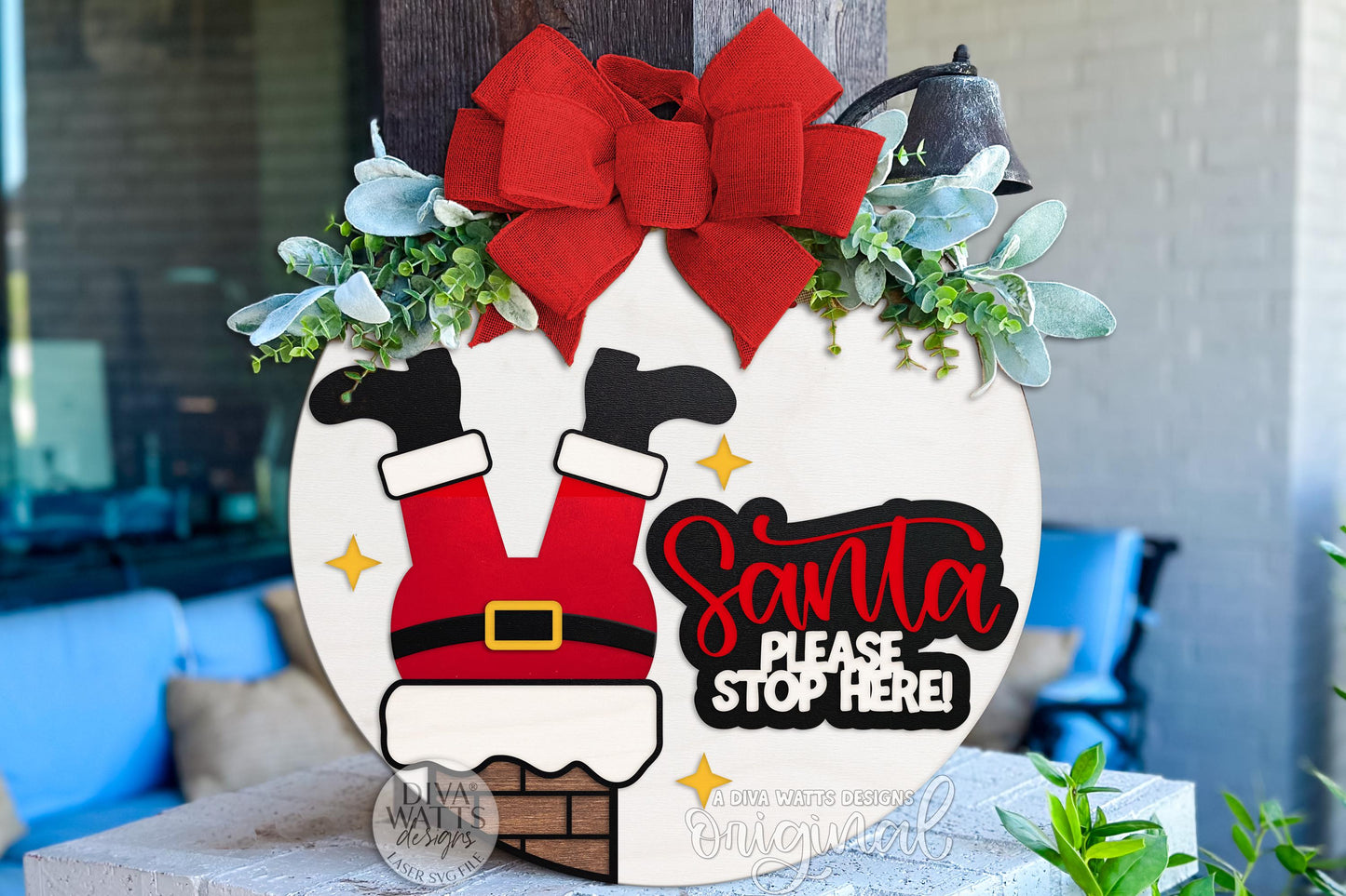 Santa Please Stop Here SVG | Funny Christmas Door Hanger SVG for Laser Cutting | Santa Legs Chimney Sign | Holiday Porch Decor Glowforge