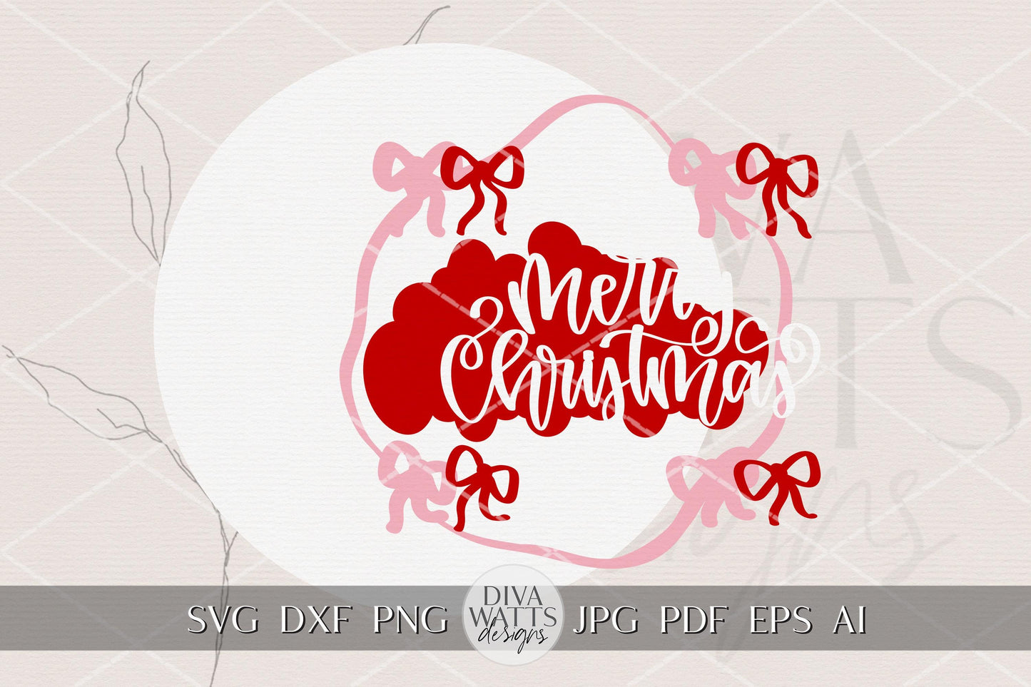 Merry Christmas Round Door Hanger SVG | Coquette Bow Layered Laser Cut File | Holiday Porch Sign for Glowforge xTool OMTech