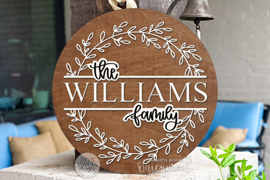 Personalized Family Name Round Door Hanger SVG | Split Monogram Wreath Laser Cut File | Rustic Farmhouse Sign for Glowforge xTool OMTech