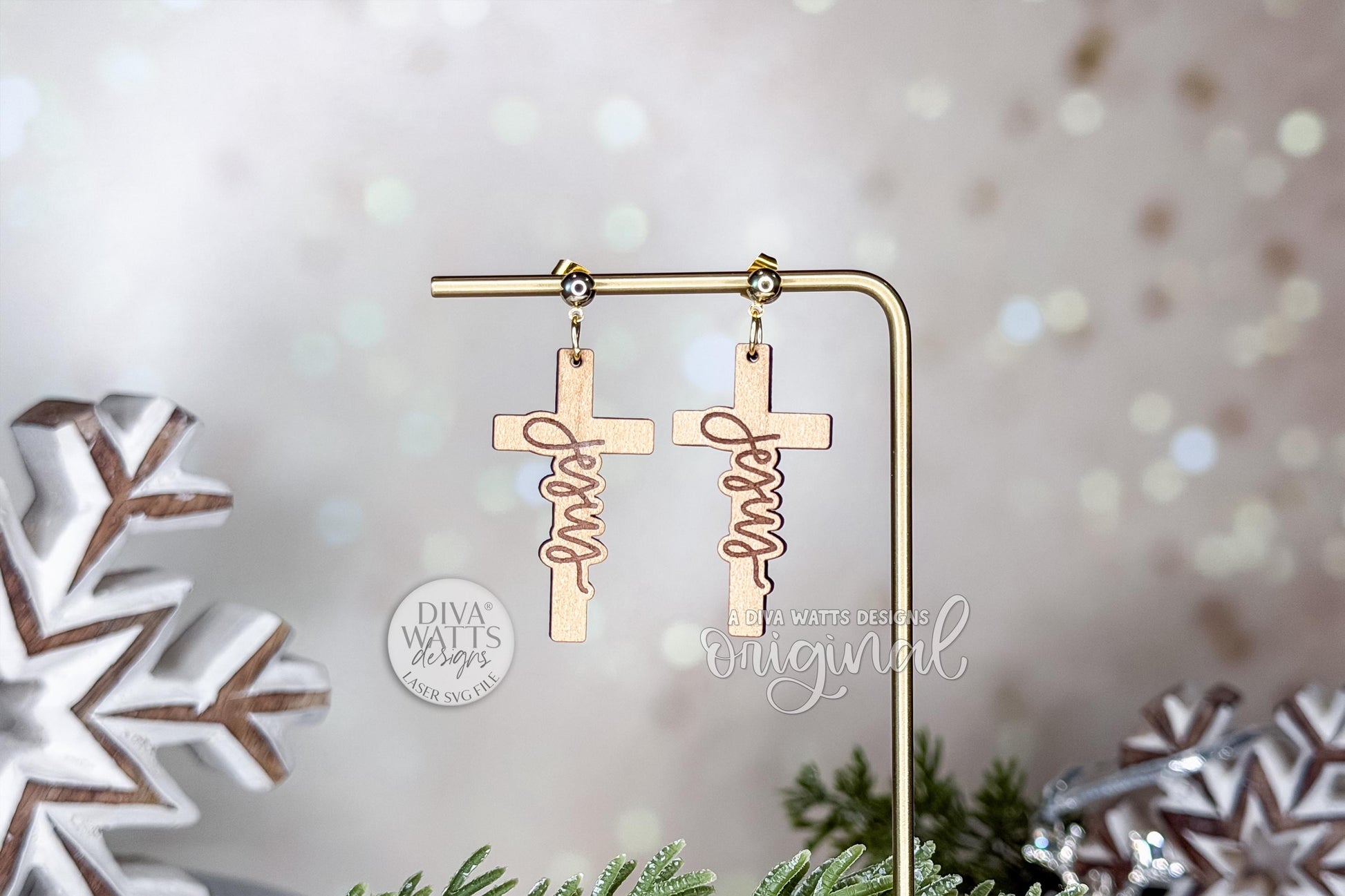 Jesus Cross Earrings SVG Laser Cut File | Christian Jewelry Template for Glowforge, xTool, OMTech | Faith Gift DIY Wood Earrings