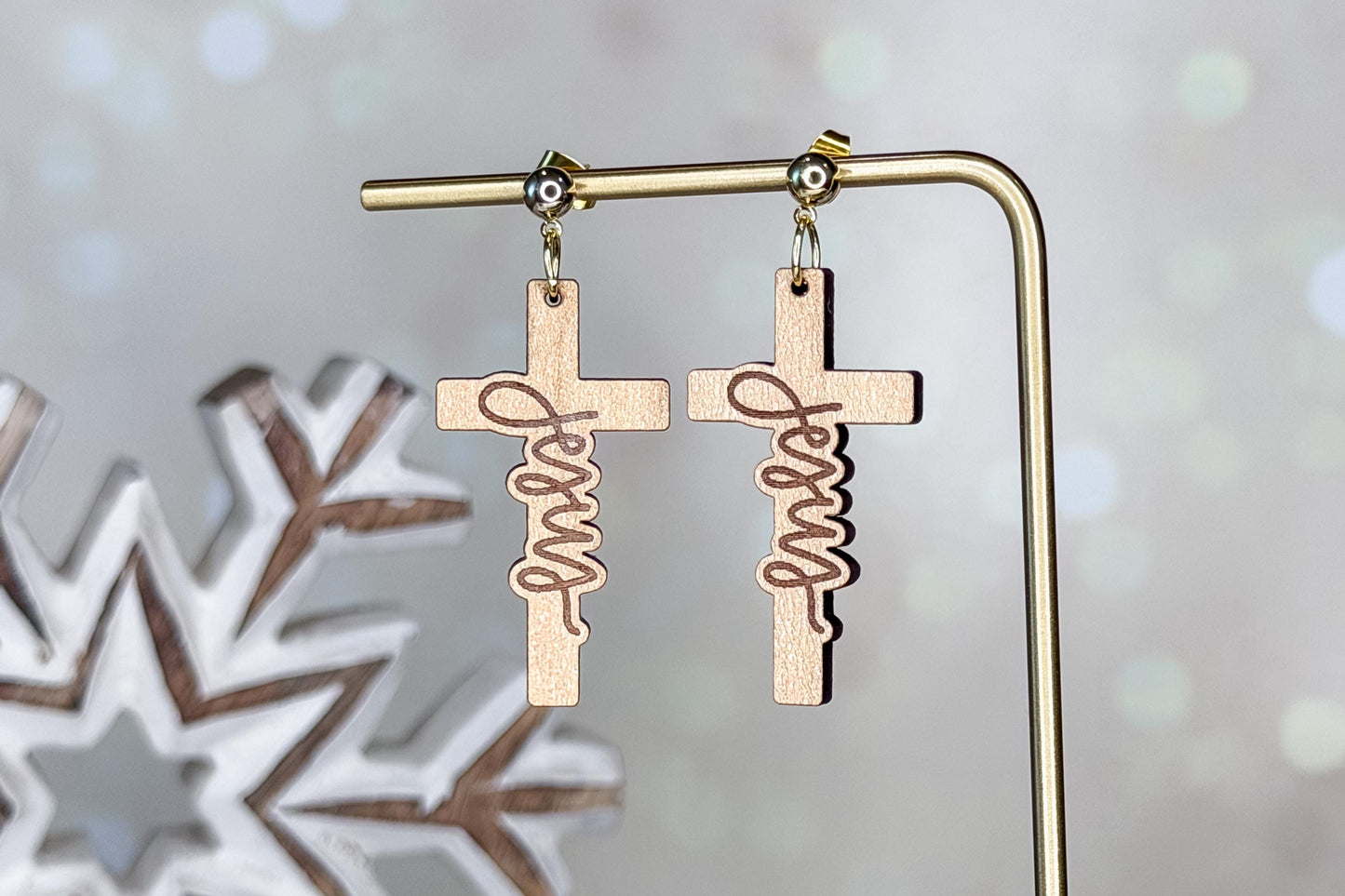 Jesus Cross Earrings SVG Laser Cut File | Christian Jewelry Template for Glowforge, xTool, OMTech | Faith Gift DIY Wood Earrings