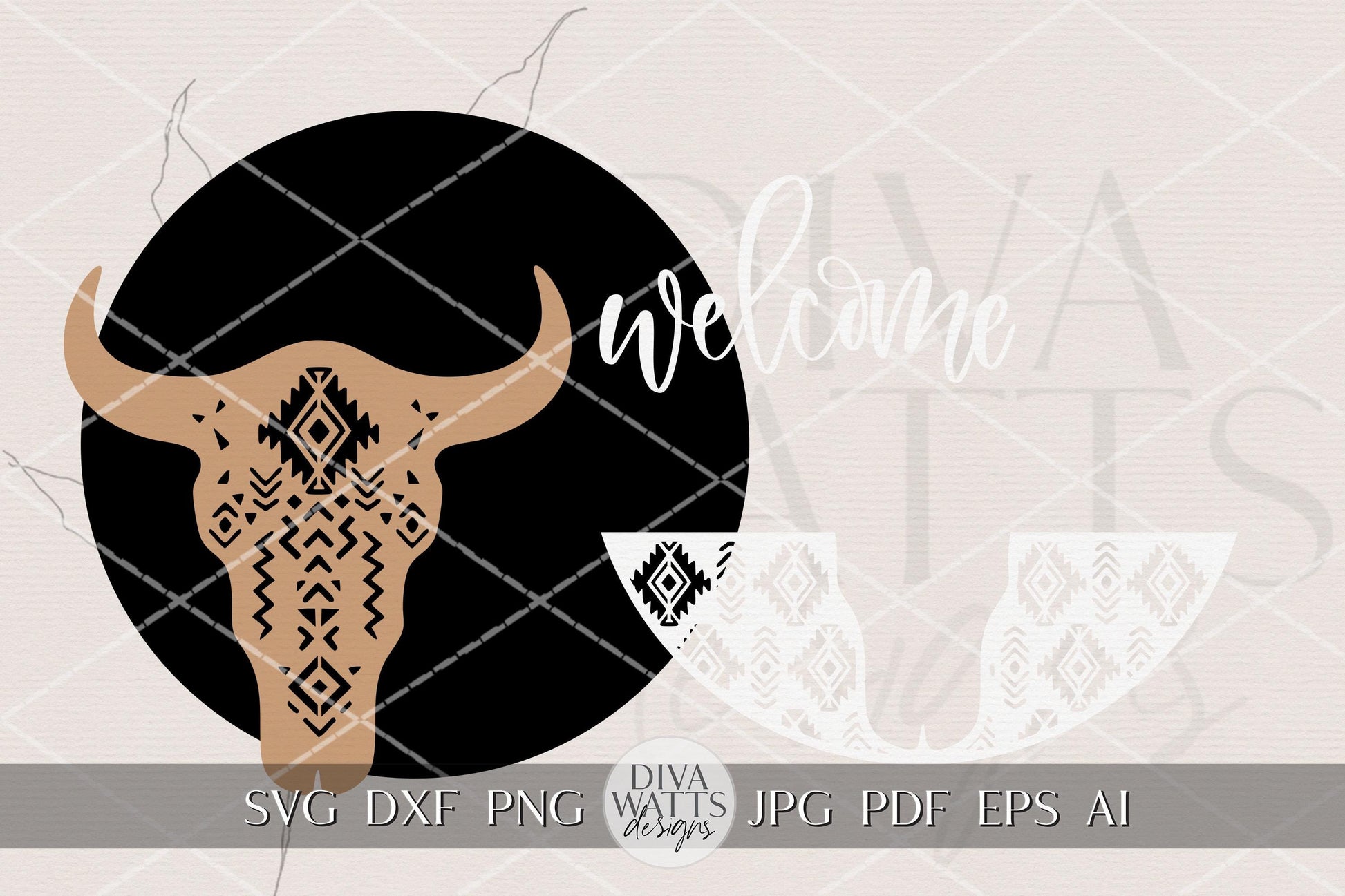 Welcome Western Steer Head Aztec Bull Skull Round Door Hanger SVG | Boho Laser Cut File for Glowforge xTool | Rustic Farmhouse Porch Sign
