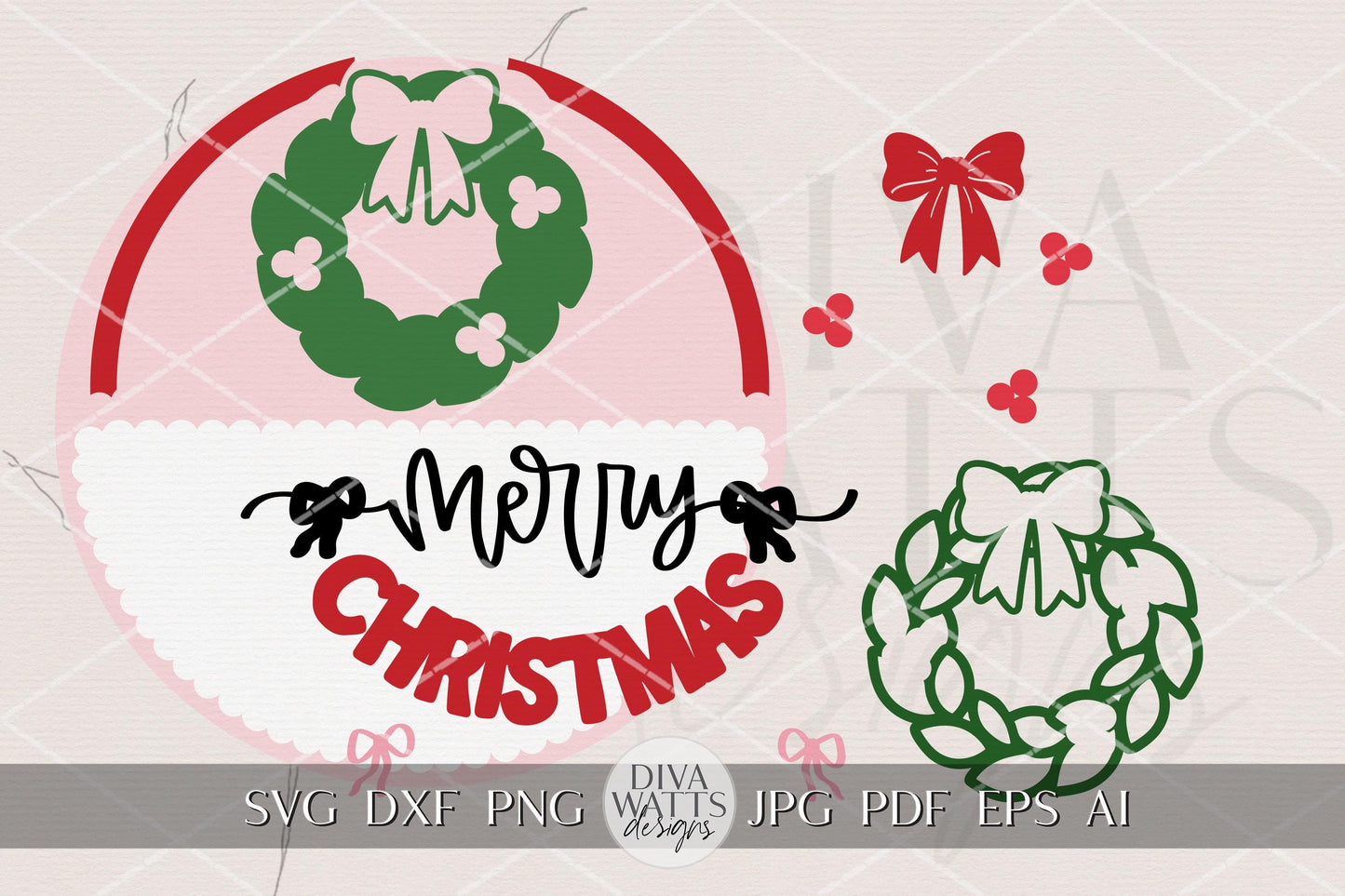 Merry Christmas Coquette Wreath Door Hanger SVG | Layered Bow Round Sign Laser Cut File for Glowforge xTool OMTech | Holiday Porch Décor