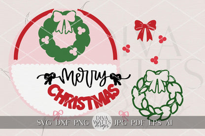 Merry Christmas Coquette Wreath Door Hanger SVG | Layered Bow Round Sign Laser Cut File for Glowforge xTool OMTech | Holiday Porch Décor
