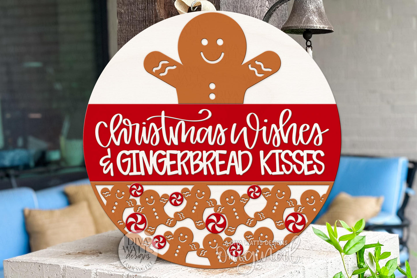 Christmas Wishes & Gingerbread Kisses SVG | Layered Round Door Hanger File for Glowforge xTool | Holiday Laser Cut Sign Template