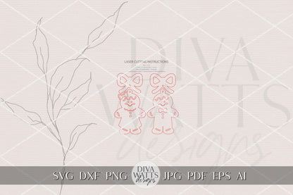 Gingerbread Man & Woman Earrings SVG with Bow Layer | Christmas Laser Cut File for Glowforge xTool OMTech | Holiday Jewelry Template