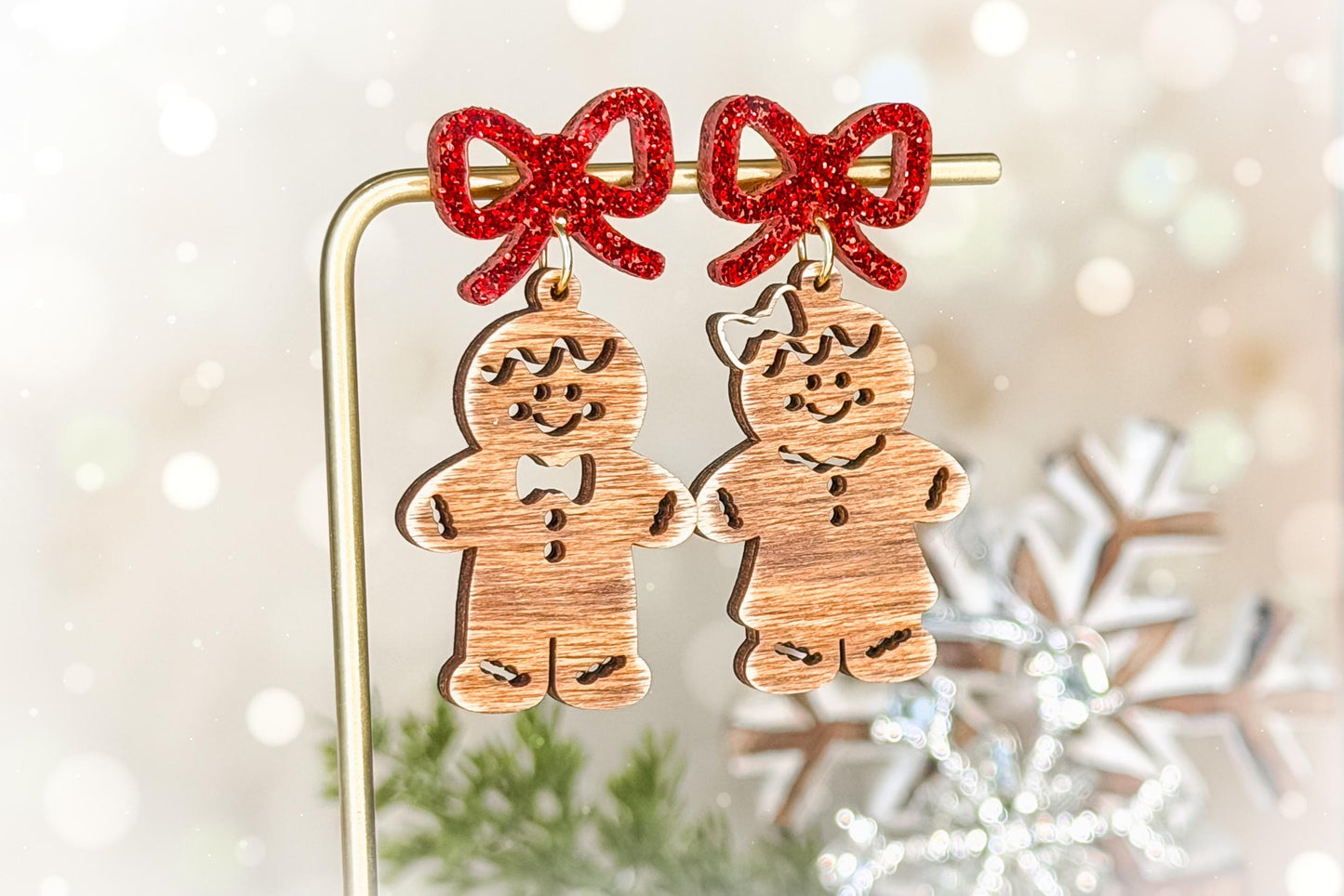 Gingerbread Man & Woman Earrings SVG with Bow Layer | Christmas Laser Cut File for Glowforge xTool OMTech | Holiday Jewelry Template