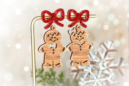Gingerbread Man & Woman Earrings SVG with Bow Layer | Christmas Laser Cut File for Glowforge xTool OMTech | Holiday Jewelry Template