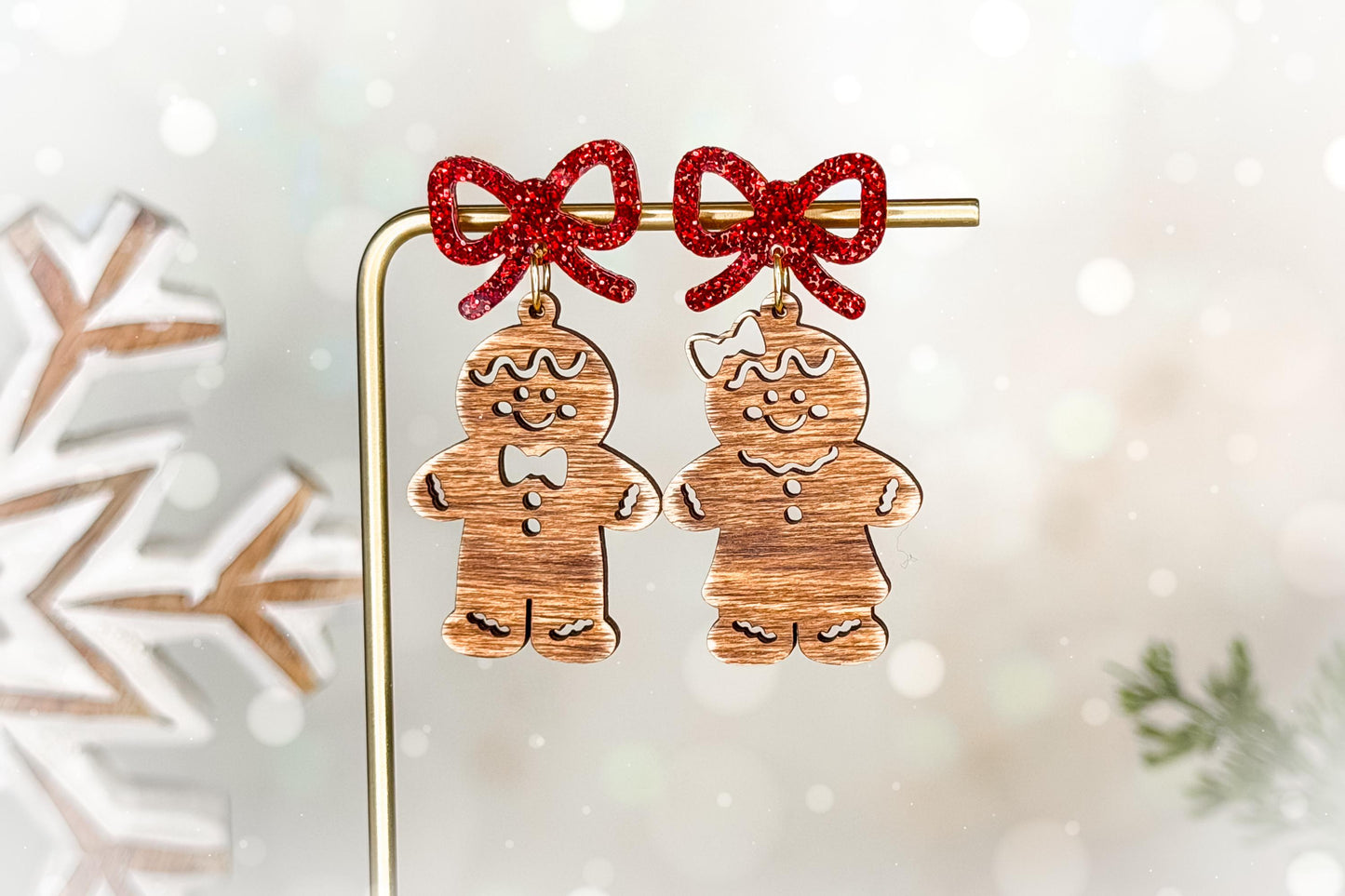 Gingerbread Man & Woman Earrings SVG with Bow Layer | Christmas Laser Cut File for Glowforge xTool OMTech | Holiday Jewelry Template