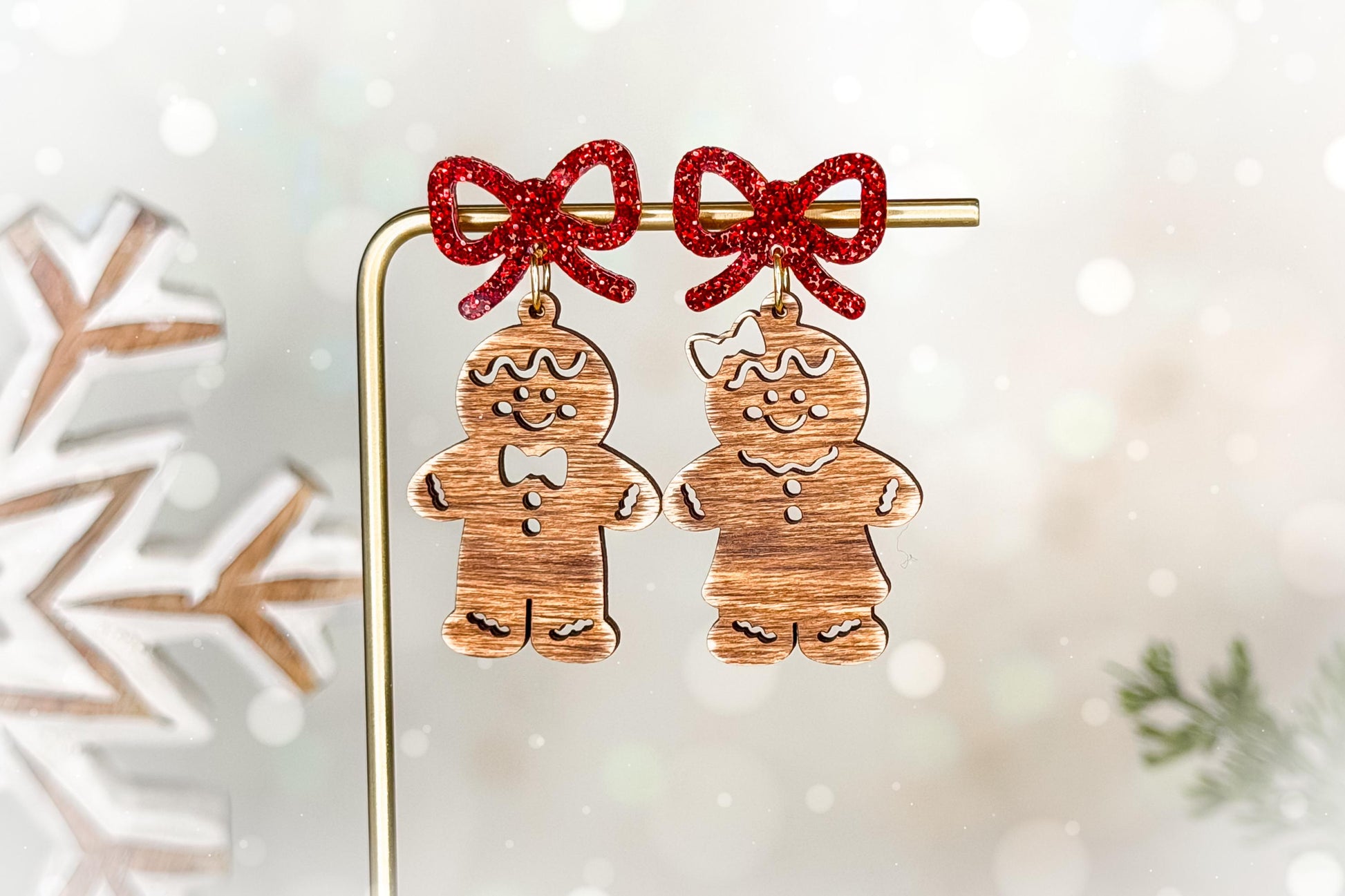 Gingerbread Man & Woman Earrings SVG with Bow Layer | Christmas Laser Cut File for Glowforge xTool OMTech | Holiday Jewelry Template