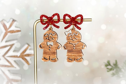 Gingerbread Man & Woman Earrings SVG with Bow Layer | Christmas Laser Cut File for Glowforge xTool OMTech | Holiday Jewelry Template