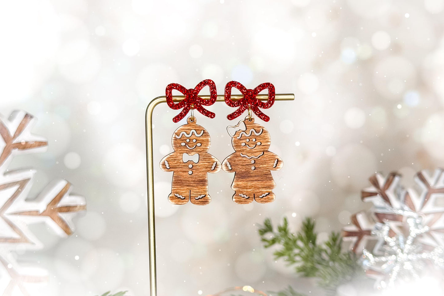 Gingerbread Man & Woman Earrings SVG with Bow Layer | Christmas Laser Cut File for Glowforge xTool OMTech | Holiday Jewelry Template