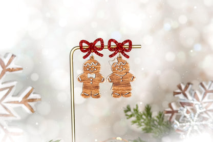 Gingerbread Man & Woman Earrings SVG with Bow Layer | Christmas Laser Cut File for Glowforge xTool OMTech | Holiday Jewelry Template