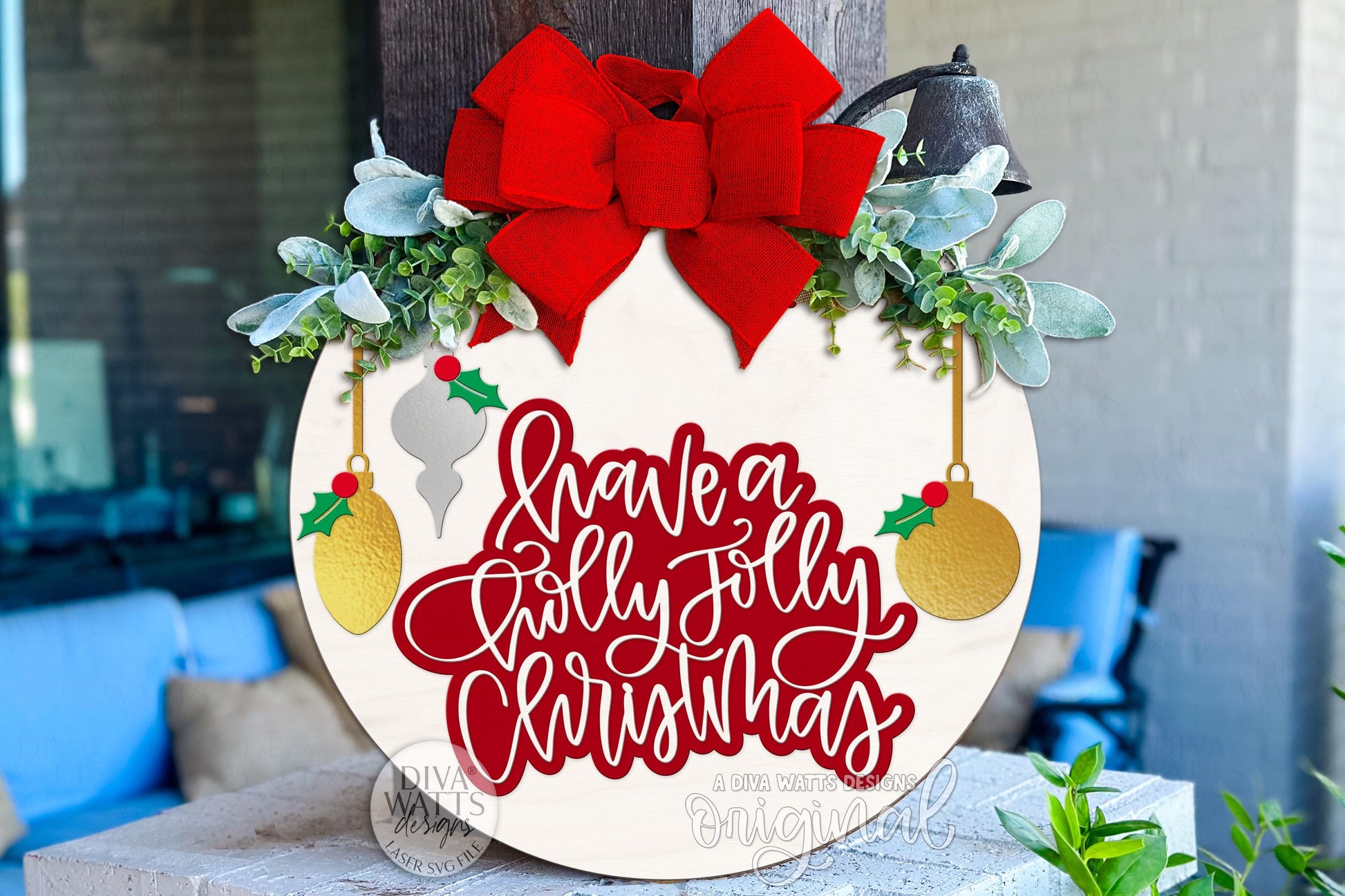 Have a Holly Jolly Christmas Round Door Hanger SVG | Layered Laser Cut File for Glowforge xTool OMTech | Holiday Porch Sign Digital Download