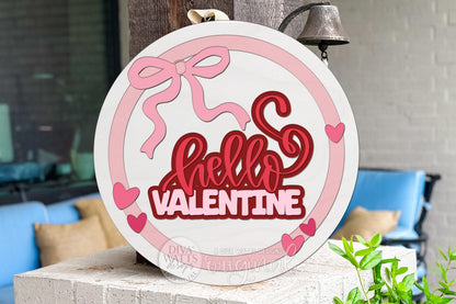 Hello Valentine Round Door Hanger SVG | Coquette Bow & Hearts Layered Laser Cut File for Glowforge | Laser | Valentine Porch Sign