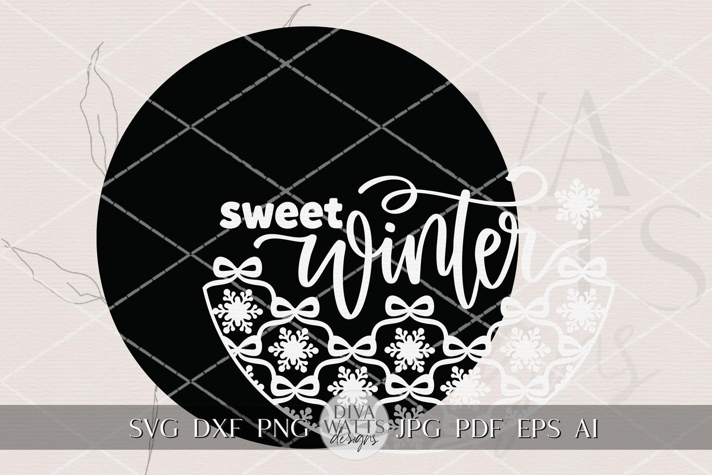 Sweet Winter Round Door Hanger SVG Layered Laser Cut File with Coquette Bow Snowflake Border Christmas Winter Porch Sign for Glowforge xTool