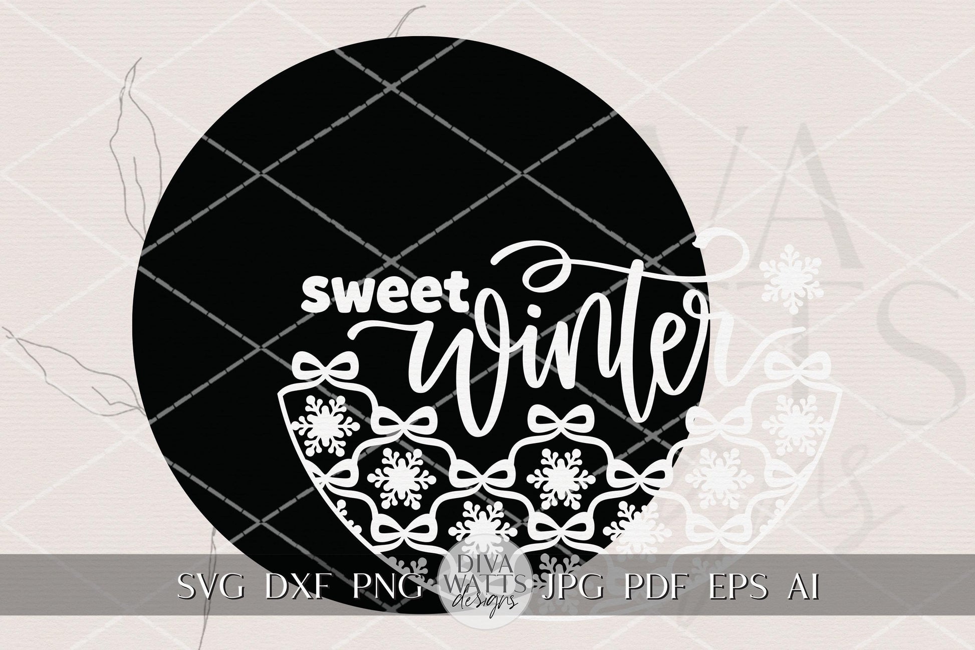 Sweet Winter Round Door Hanger SVG Layered Laser Cut File with Coquette Bow Snowflake Border Christmas Winter Porch Sign for Glowforge xTool