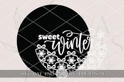 Sweet Winter Round Door Hanger SVG Layered Laser Cut File with Coquette Bow Snowflake Border Christmas Winter Porch Sign for Glowforge xTool