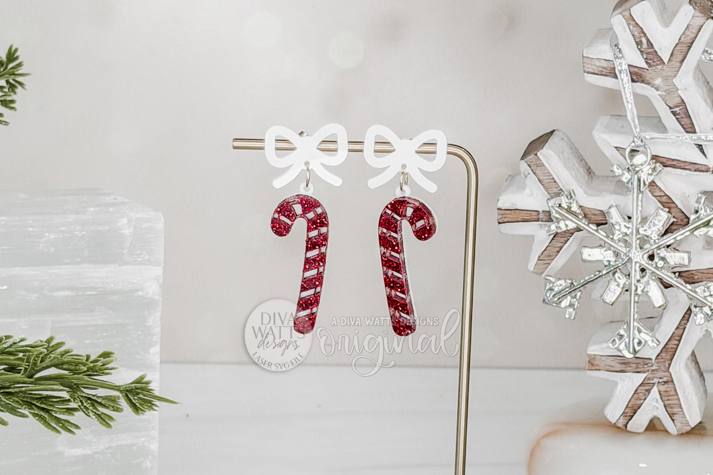 Candy Cane Earrings SVG | Christmas Laser Cut Earring File for Glowforge xTool | Festive Bow Dangle Jewelry Pattern