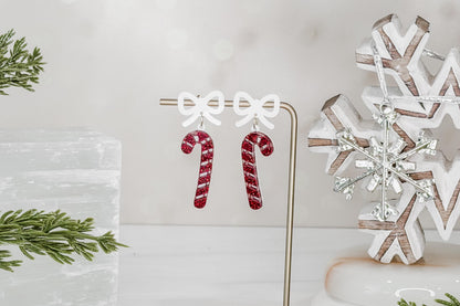 Candy Cane Earrings SVG | Christmas Laser Cut Earring File for Glowforge xTool | Festive Bow Dangle Jewelry Pattern