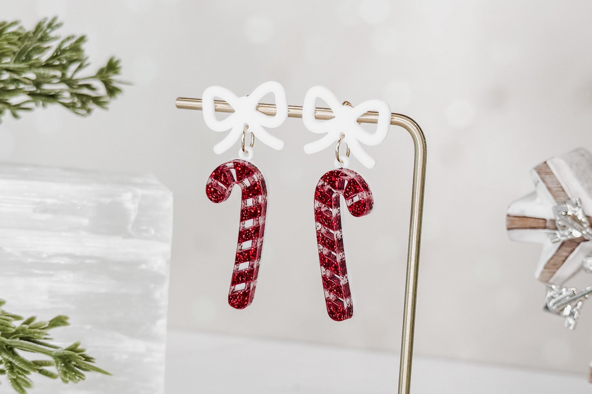 Candy Cane Earrings SVG | Christmas Laser Cut Earring File for Glowforge xTool | Festive Bow Dangle Jewelry Pattern