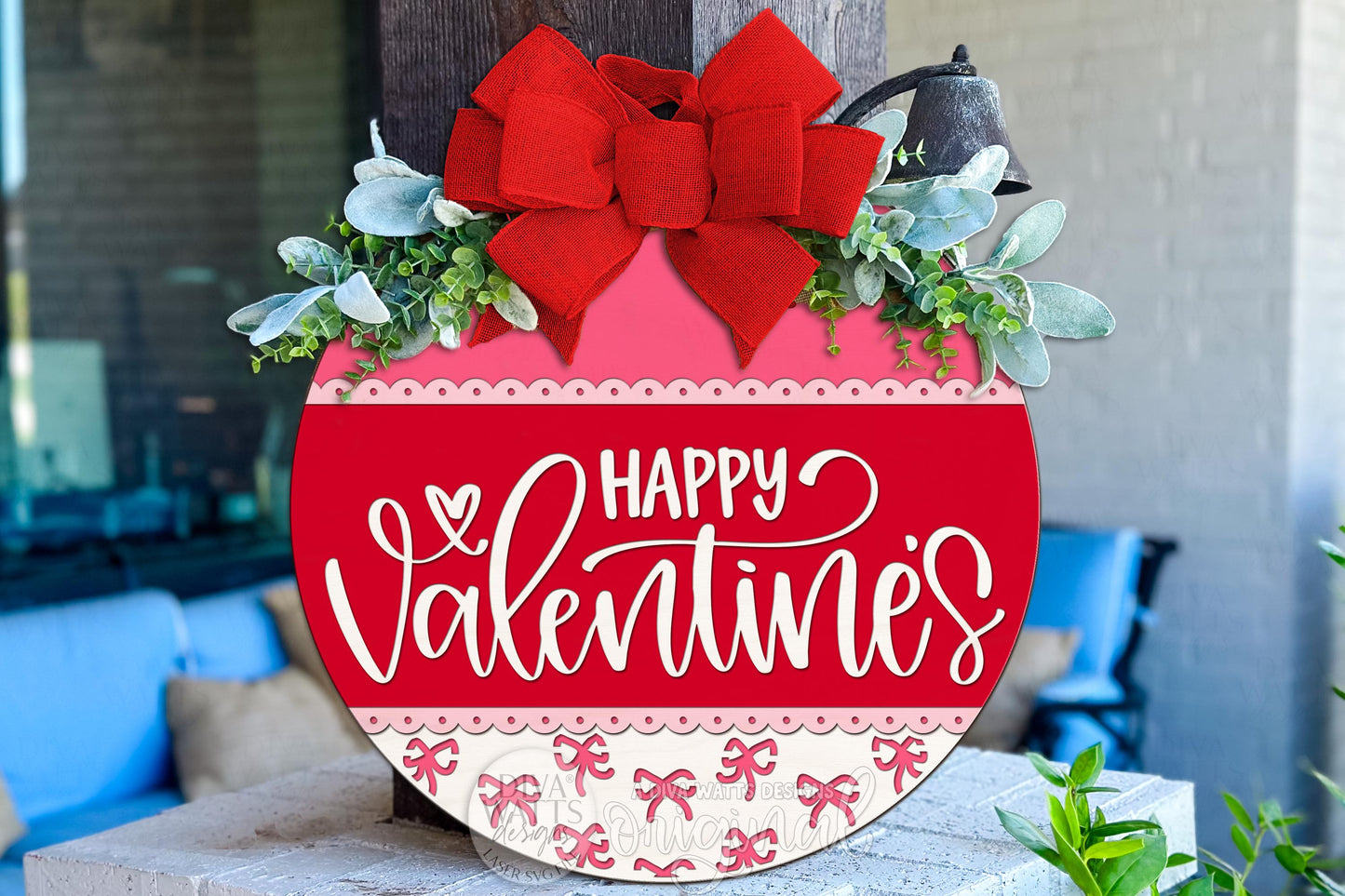 Happy Valentine’s Round Door Hanger SVG with Bow & Coquette Style | Layered Laser Cut File for Glowforge, xTool, OMTech Valentine Porch Sign