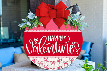 Happy Valentine’s Round Door Hanger SVG with Bow & Coquette Style | Layered Laser Cut File for Glowforge, xTool, OMTech Valentine Porch Sign