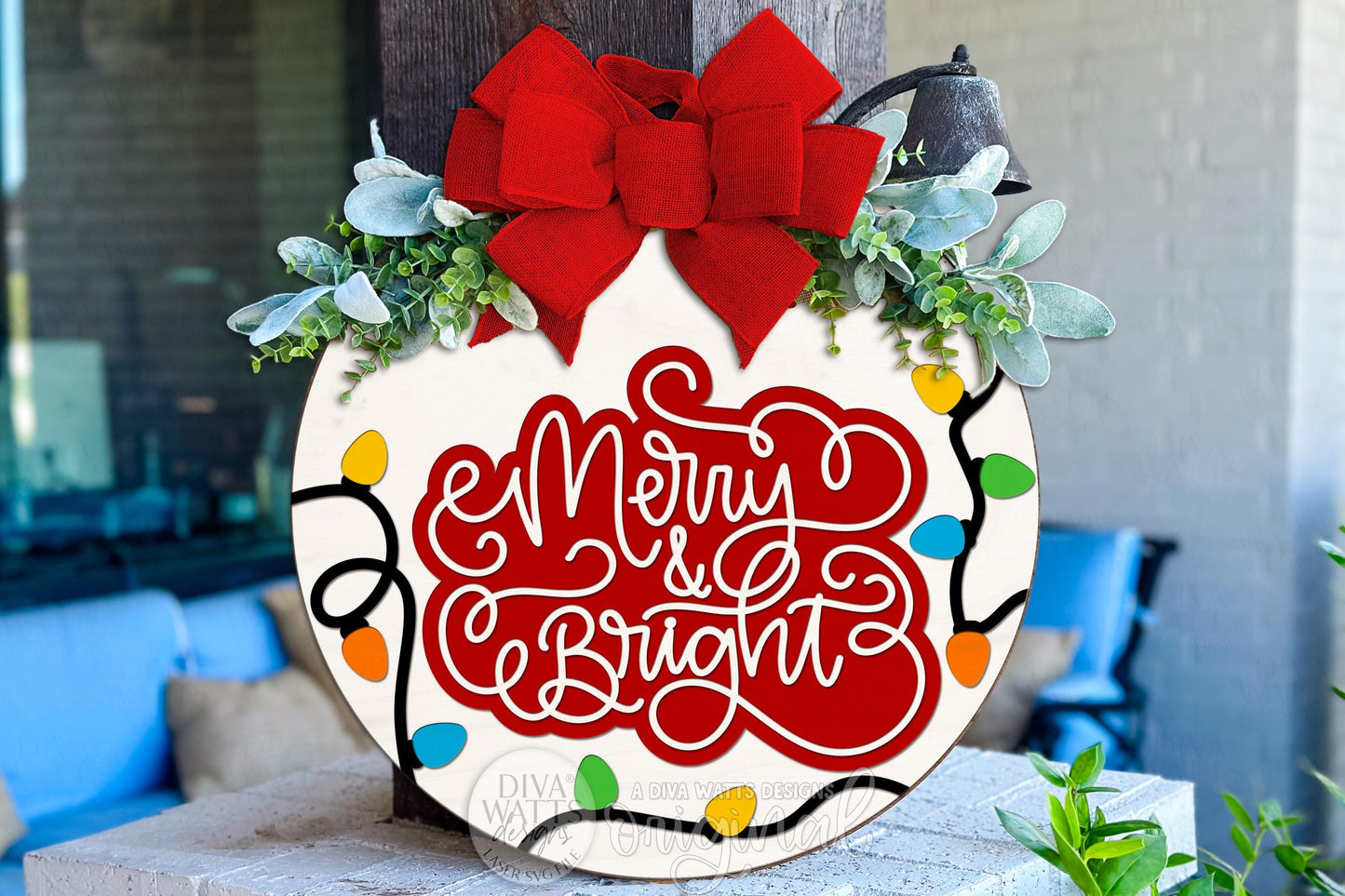 Merry & Bright SVG | Christmas Lights Round Door Hanger Laser Cut File | Holiday Porch Sign for Glowforge xTool OMTech DIY Decor