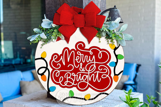 Merry & Bright SVG | Christmas Lights Round Door Hanger Laser Cut File | Holiday Porch Sign for Glowforge xTool OMTech DIY Decor