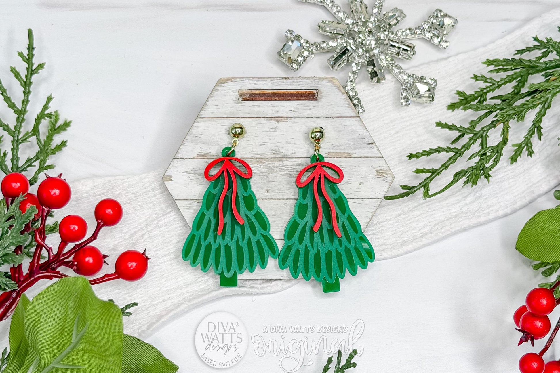 Christmas Tree Earrings SVG, Coquette Bow Holiday Earring Laser Cut File, Layered Ribbon Jewelry Design for Glowforge, xTool, OMTech