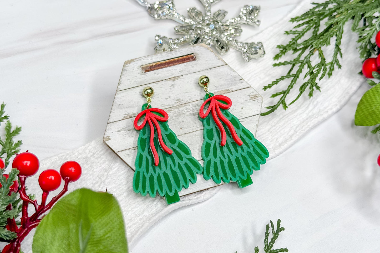 Christmas Tree Earrings SVG, Coquette Bow Holiday Earring Laser Cut File, Layered Ribbon Jewelry Design for Glowforge, xTool, OMTech