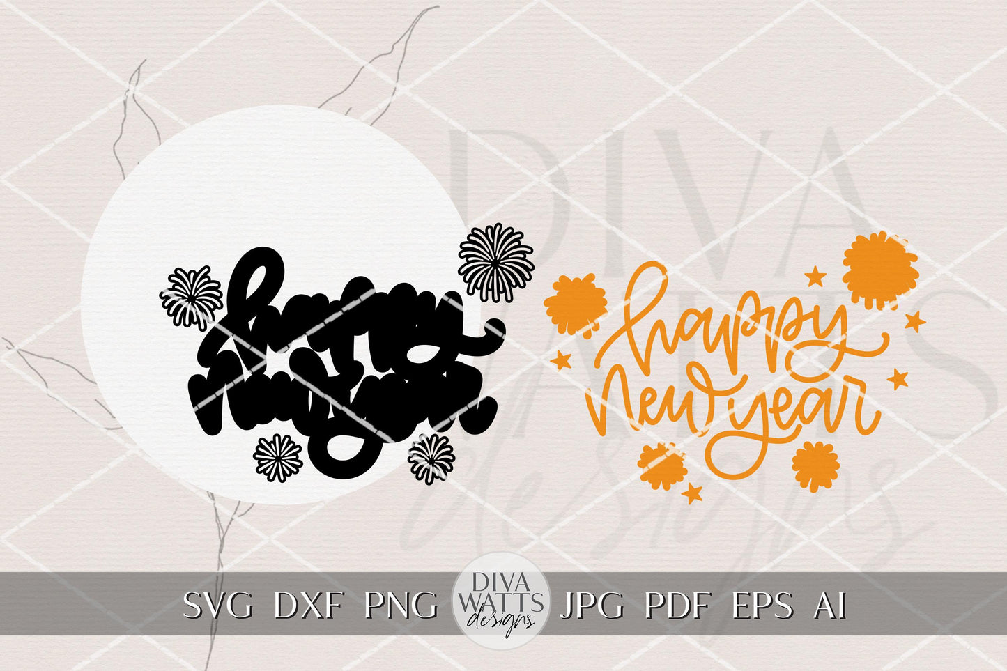 Happy New Year SVG Round Door Hanger Laser Cut File – Layered Fireworks New Year Sign for Glowforge, xTool, OMTech, or Cricut Crafts