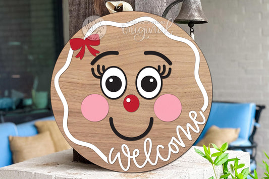 Gingerbread Welcome Door Hanger SVG | Christmas Round Sign | Cute Holiday Laser Cut File for Glowforge, xTool, OMTech & More