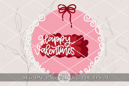 Happy Valentines Round Door Hanger SVG | Layered Valentine Laser Cut File | DIY Heart Wreath Sign for Glowforge & xTool