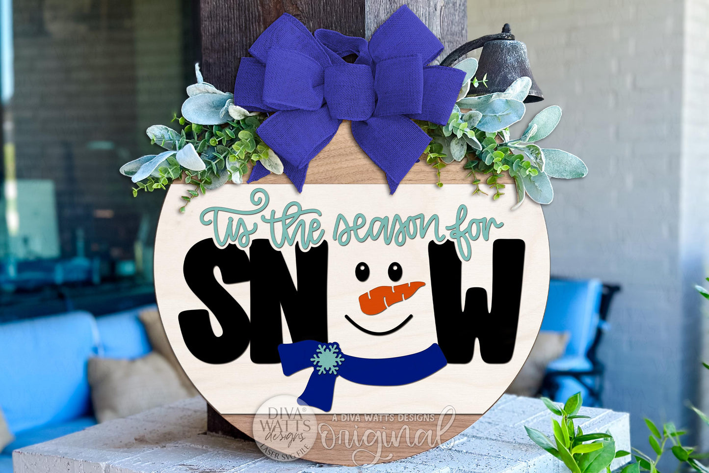 Tis The Season For Snow Round Door Hanger SVG | Winter Snowman Laser Cut File for Glowforge, xTool, OMTech | DIY Layered Christmas Sign