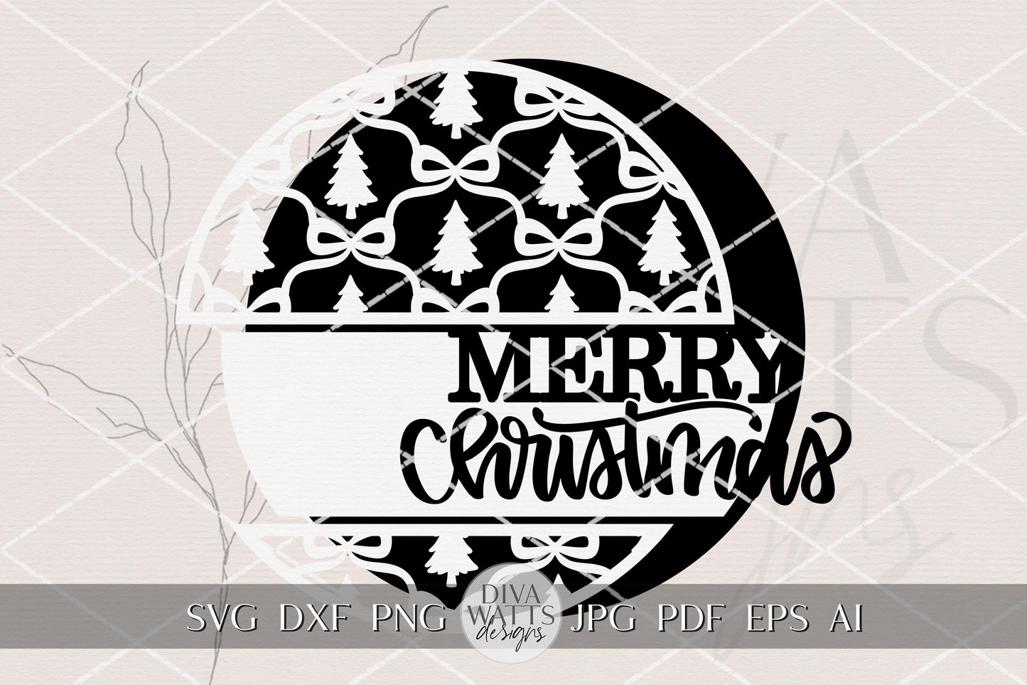 Merry Christmas Round Door Hanger SVG with Layered Trees and Bows | Holiday Laser Cut File for Glowforge xTool Seasonal Porch Decor
