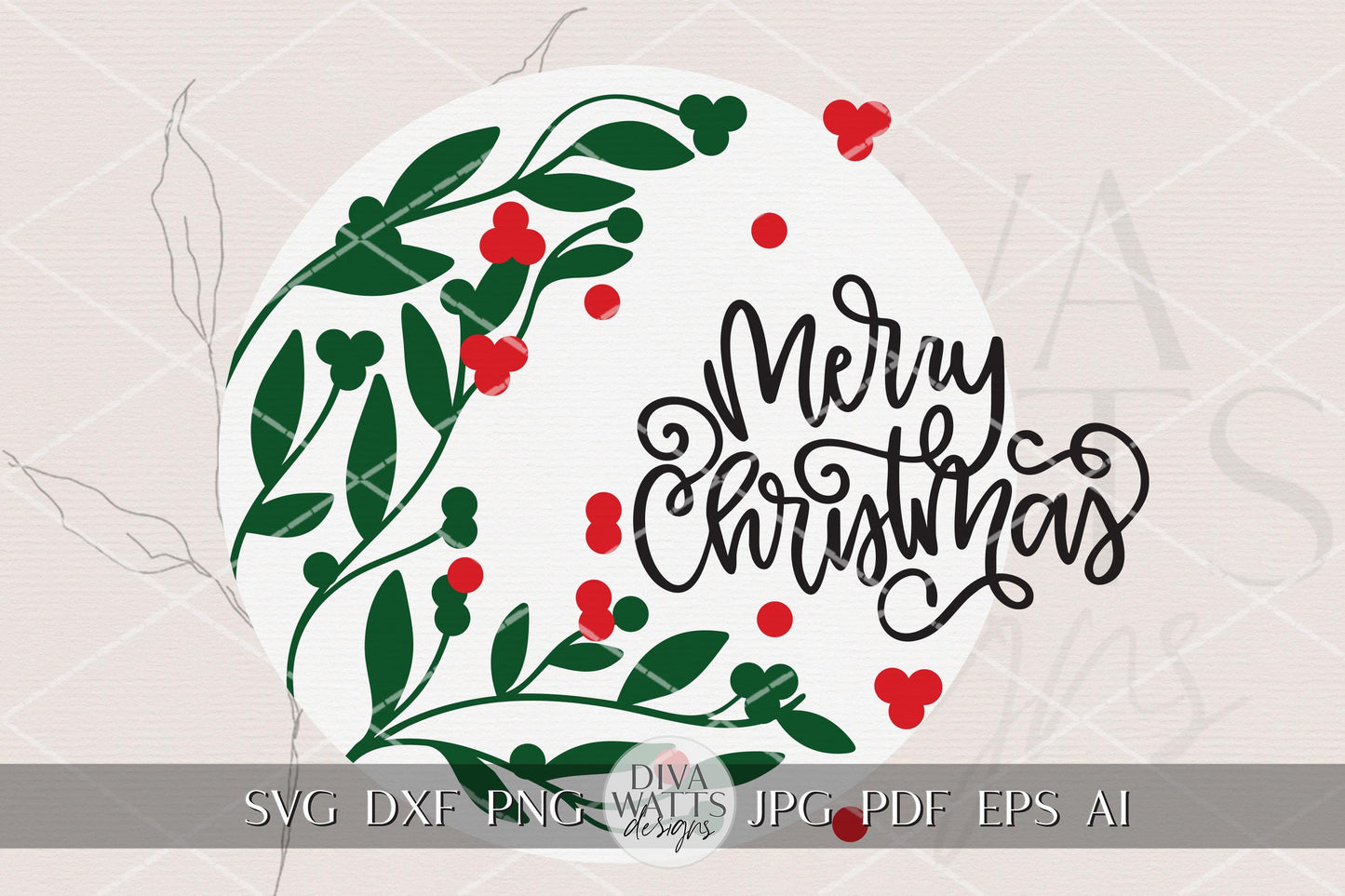 Merry Christmas Round Door Hanger SVG with Holly Leaves & Berries • Layered Laser Cut File for Glowforge xTool Porch Decor Holiday DIY Sign