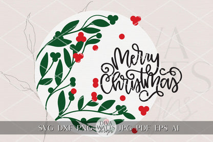 Merry Christmas Round Door Hanger SVG with Holly Leaves & Berries • Layered Laser Cut File for Glowforge xTool Porch Decor Holiday DIY Sign