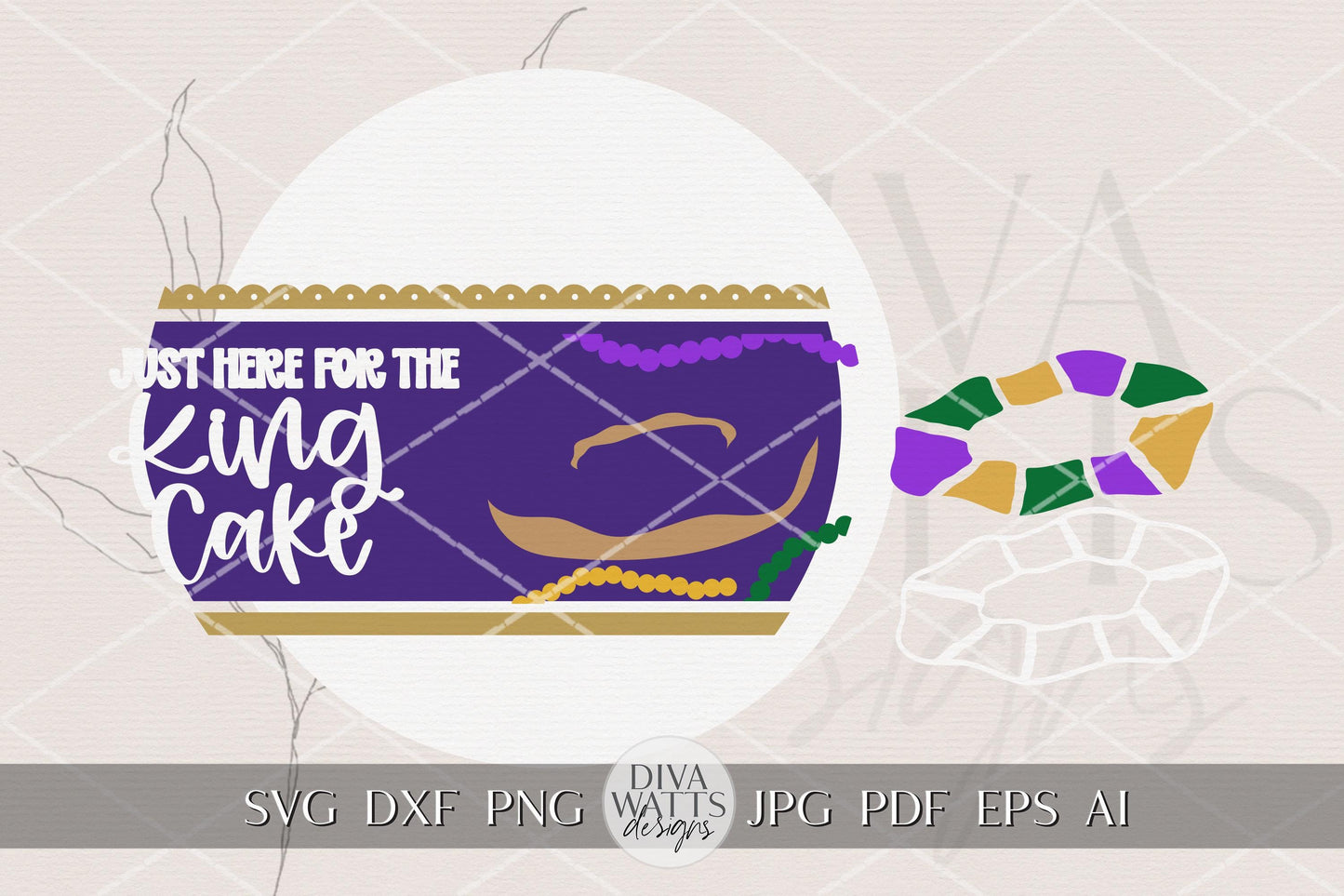 Mardi Gras King Cake Round Door Hanger SVG | Just Here for the King Cake Sign Laser Cut File | Layered SVG for Glowforge xTool OMTech Crafts