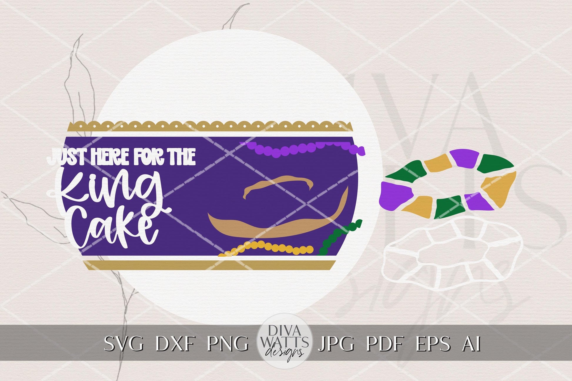 Mardi Gras King Cake Round Door Hanger SVG | Just Here for the King Cake Sign Laser Cut File | Layered SVG for Glowforge xTool OMTech Crafts