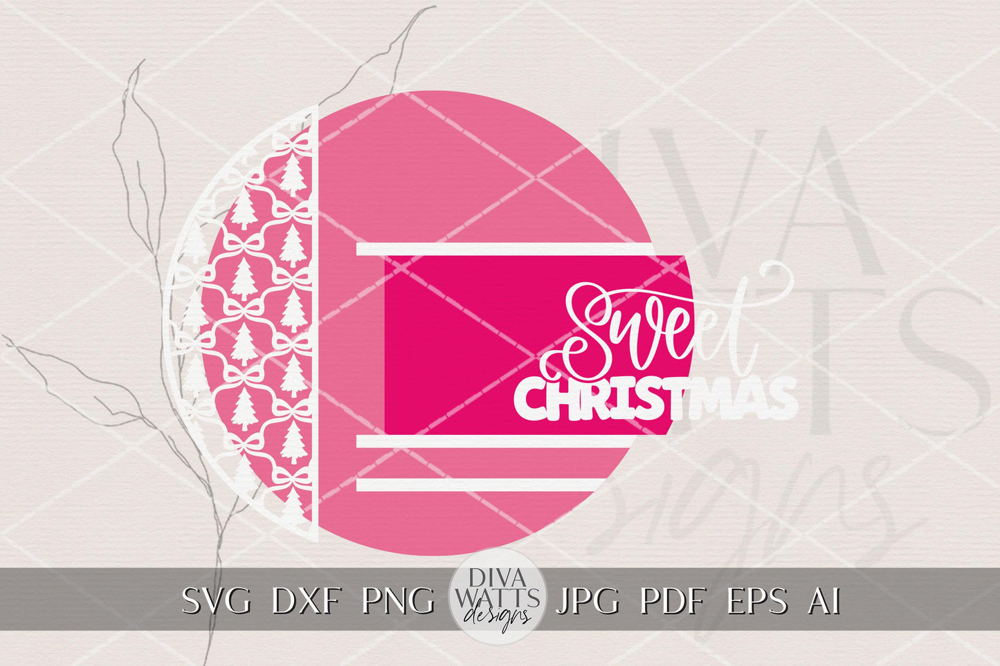 Sweet Christmas Round Door Hanger SVG with Bow & Tree Pattern Layered Laser Cut File for Glowforge xTool OMTech – Cute Holiday Porch Sign