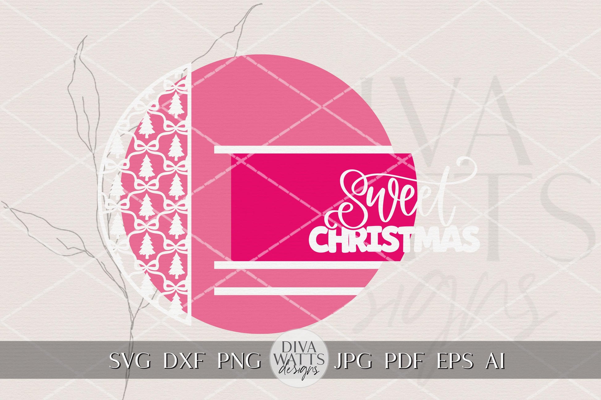 Sweet Christmas Round Door Hanger SVG with Bow & Tree Pattern Layered Laser Cut File for Glowforge xTool OMTech – Cute Holiday Porch Sign