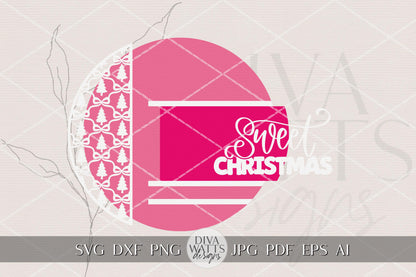 Sweet Christmas Round Door Hanger SVG with Bow & Tree Pattern Layered Laser Cut File for Glowforge xTool OMTech – Cute Holiday Porch Sign
