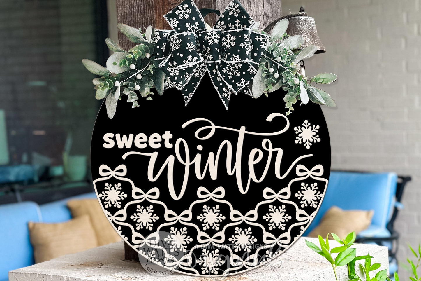 Sweet Winter Round Door Hanger SVG Layered Laser Cut File with Coquette Bow Snowflake Border Christmas Winter Porch Sign for Glowforge xTool