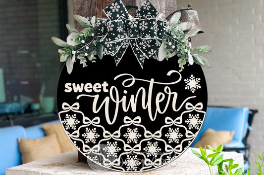 Sweet Winter Round Door Hanger SVG Layered Laser Cut File with Coquette Bow Snowflake Border Christmas Winter Porch Sign for Glowforge xTool