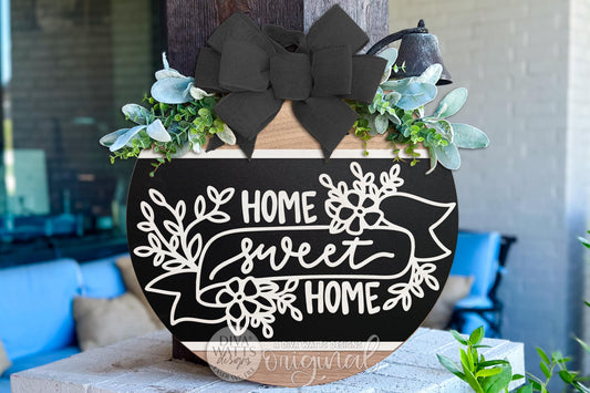 Home Sweet Home Round Door Hanger SVG, Floral Laser Cut Sign Template for Glowforge xTool, Layered Porch Decor DIY Wood Sign File