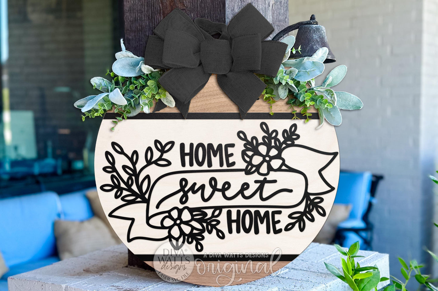 Home Sweet Home Round Door Hanger SVG, Floral Laser Cut Sign Template for Glowforge xTool, Layered Porch Decor DIY Wood Sign File